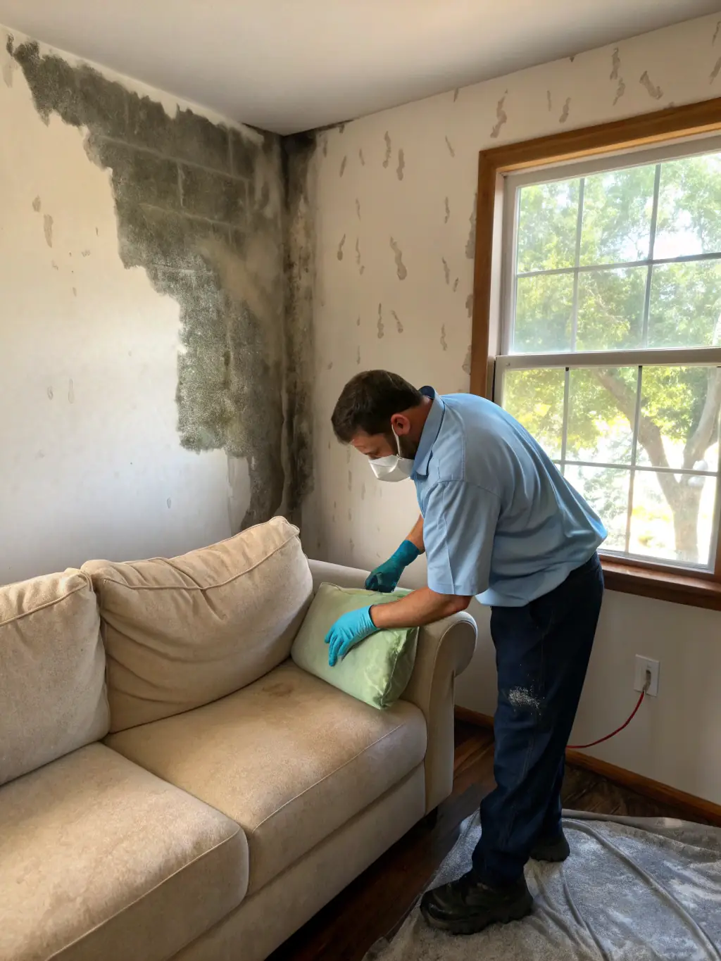 Technicians cleaning soot from walls and ventilating a room affected by smoke, demonstrating Healthy Home Jersey's fire and smoke damage cleanup service.