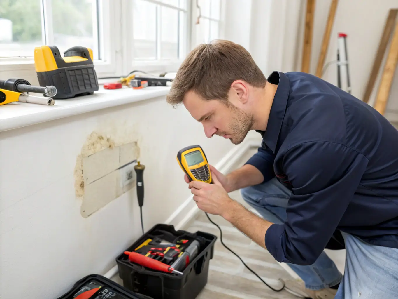 A photo showcasing a Healthy Home Jersey team member using advanced moisture detection equipment in a water-damaged home, with visible water stains on the wall.