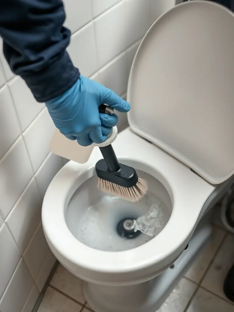 A technician in protective gear cleaning up a sewage spill in a residential bathroom, representing sewage removal services by Healthy Home Jersey.