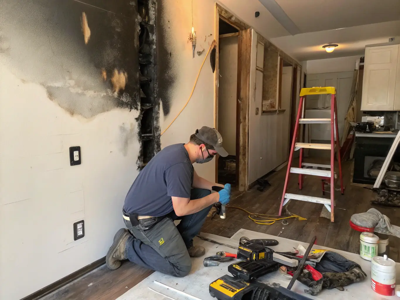A photo depicting a home interior after fire damage, with a Healthy Home Jersey team member assessing the damage and planning the cleanup process.