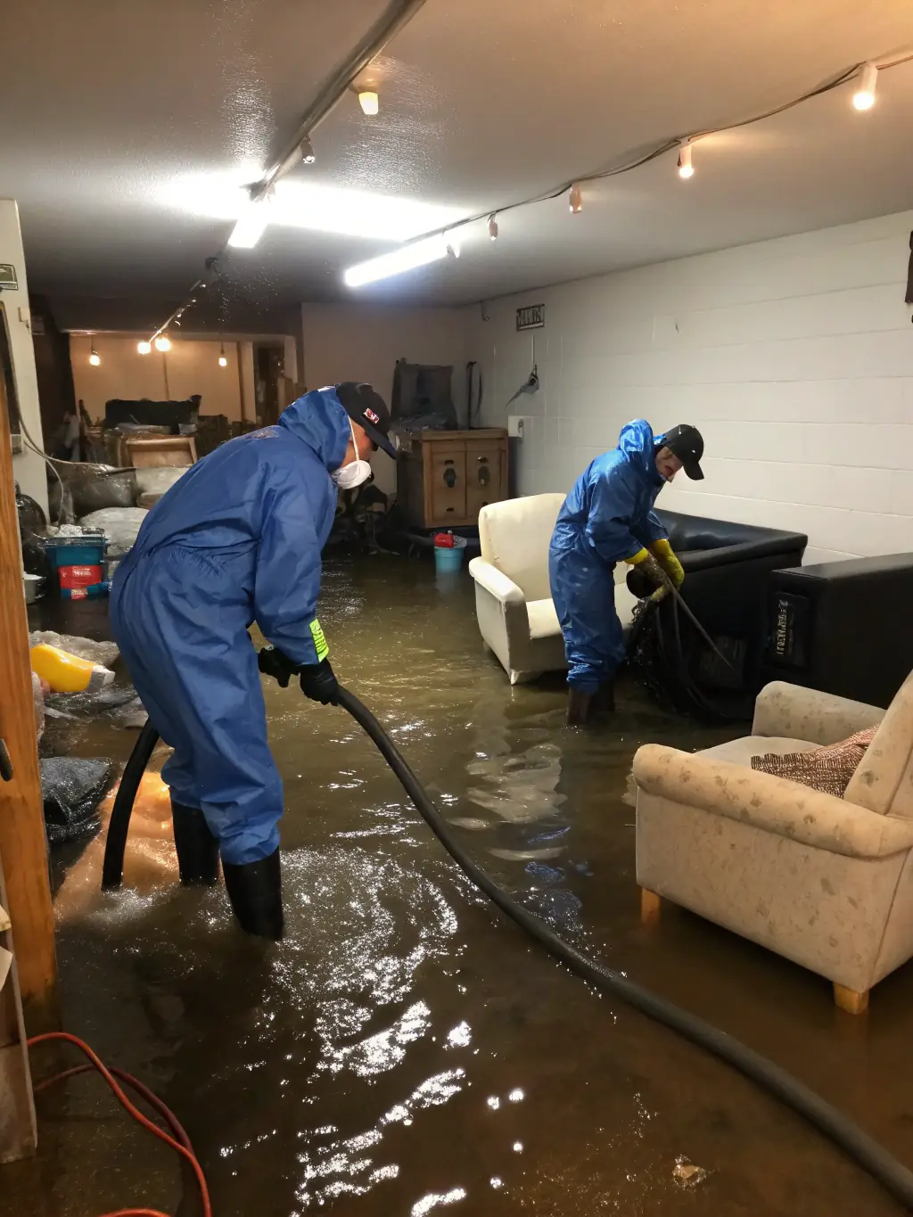 Specialized equipment extracting sewage from a basement with protective gear worn by technicians, illustrating Healthy Home Jersey's sewage removal service.