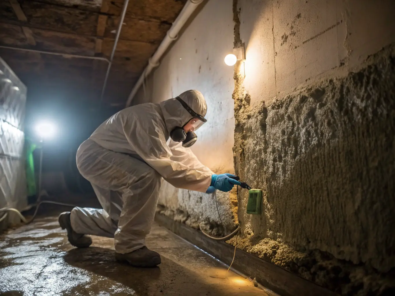 A photo of a Healthy Home Jersey technician in protective gear, carefully removing mold from a wall in a residential property.
