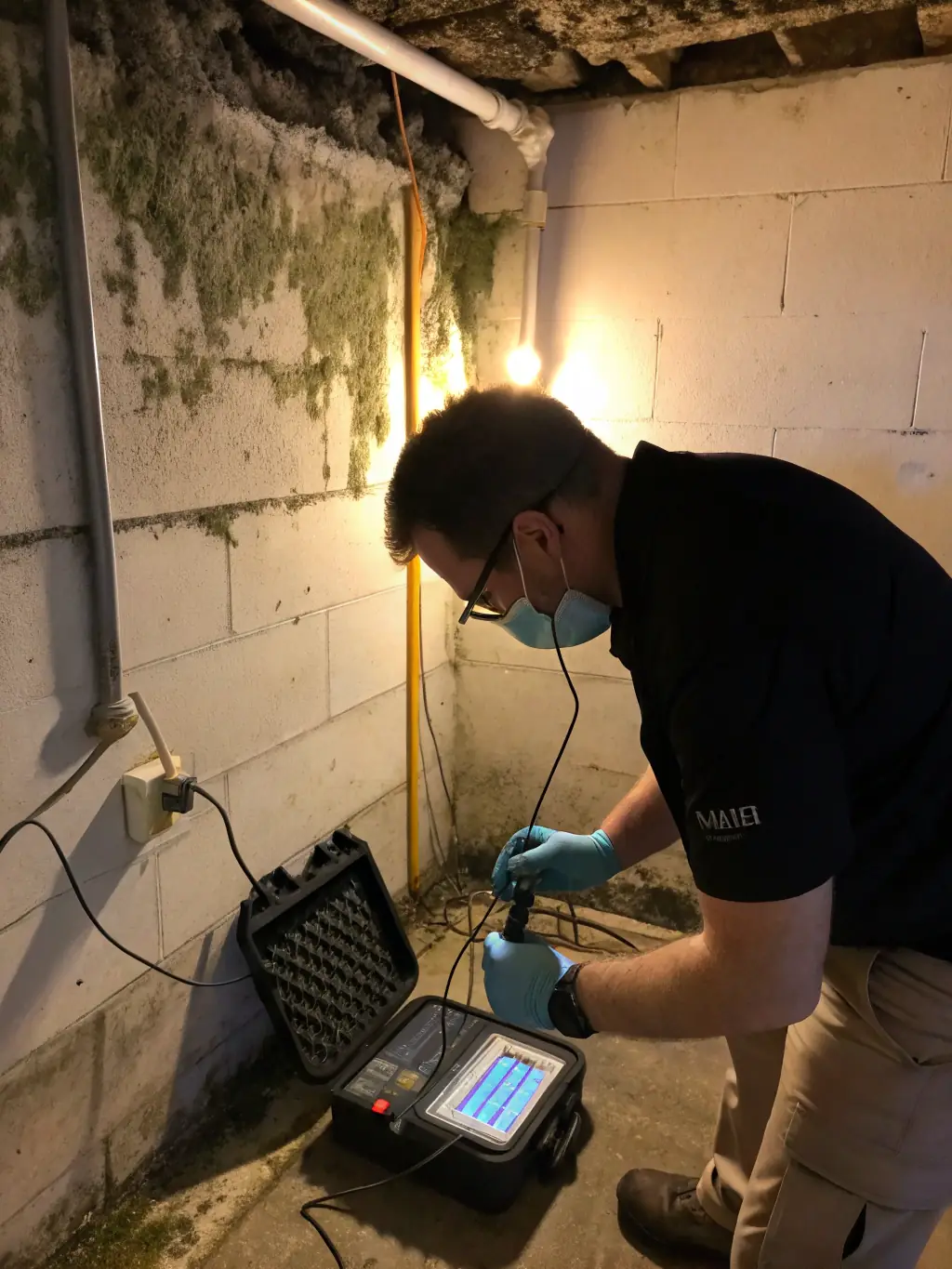 A technician inspecting mold-affected drywall with protective gear and testing equipment, highlighting Healthy Home Jersey's mold remediation expertise.