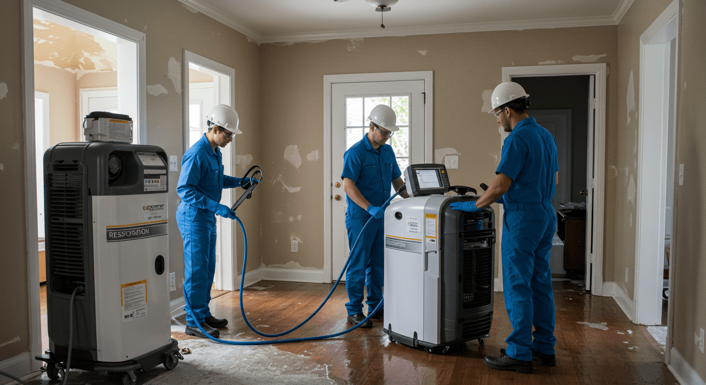 A restoration team using advanced equipment, such as dehumidifiers and air movers, in a home affected by water damage.