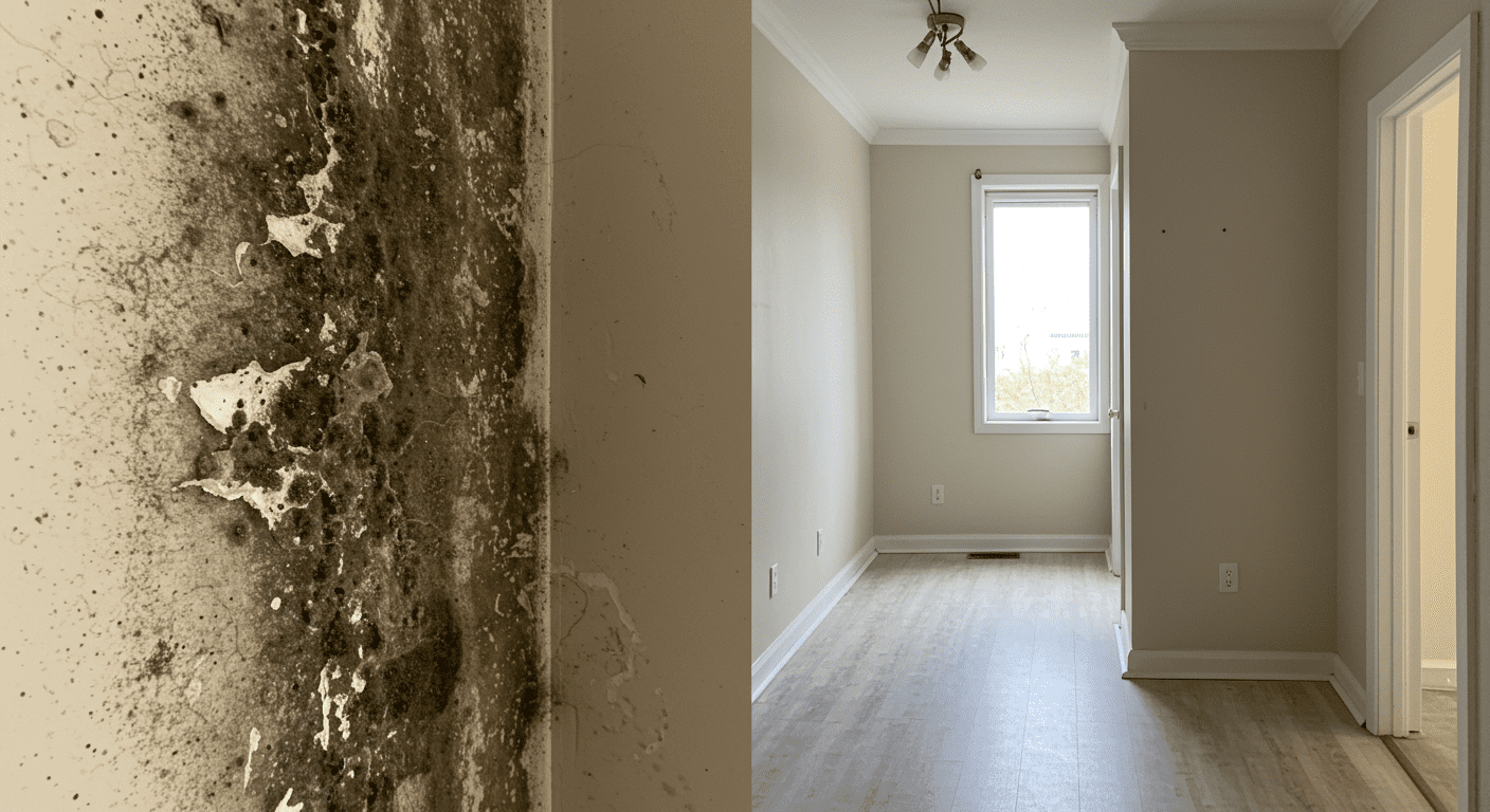 A before-and-after comparison of a mold-infested area that has been successfully remediated. The left side shows visible mold and damage, while the right side displays a clean, restored space.