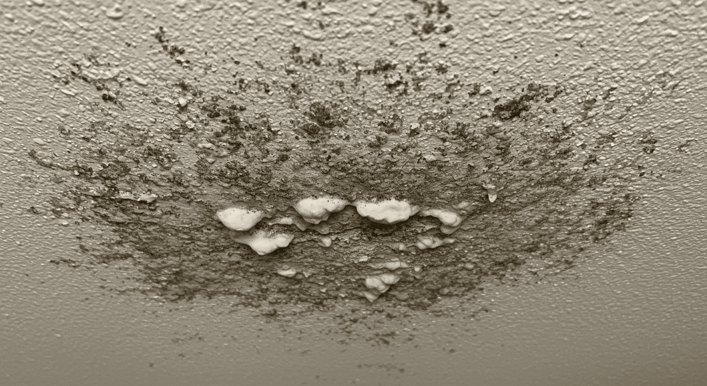 A close-up of a ceiling with visible mold growth, highlighting the texture and color variations of the mold. The image captures the severity of the issue, emphasizing the need for immediate attention.
