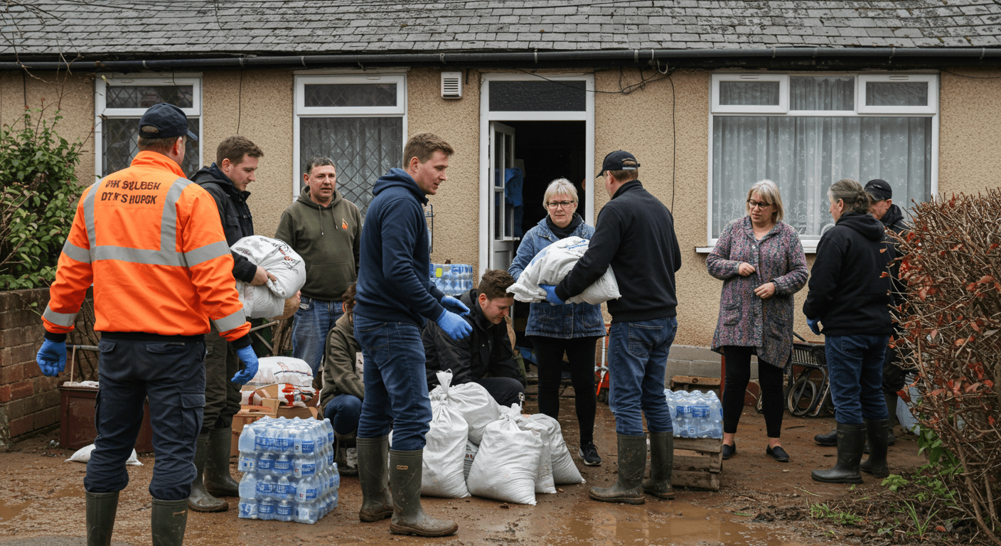 Local volunteers and flood repair professionals working together to help a family affected by flooding, providing supplies and assistance.