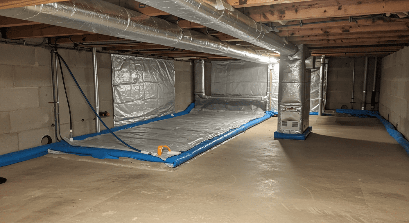 A visual representation of a crawl space with a newly installed vapor barrier and proper ventilation, demonstrating effective prevention strategies against mold.