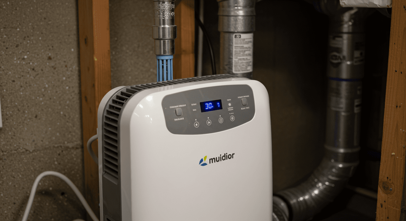 A close-up of a dehumidifier in a basement, illustrating a key tool in mold prevention.