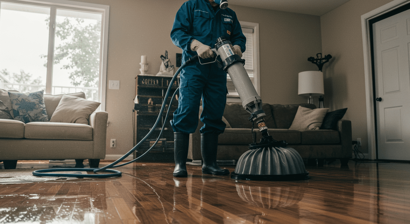 A technician in protective gear using a powerful water extraction machine in a flooded living room.