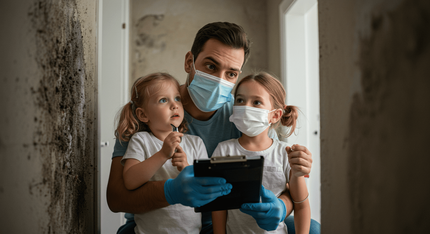 A concerned family member wearing a mask while inspecting a moldy area in their home. The image conveys a sense of urgency and awareness about the health risks posed by mold exposure.