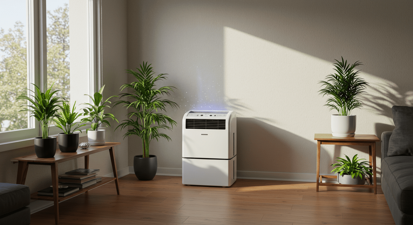 A serene home environment with bright natural light, showcasing a well-ventilated room with plants and dehumidifiers, symbolizing a mold-free and healthy living space.