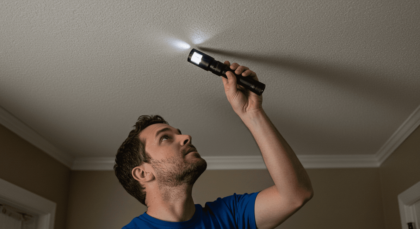 A homeowner inspecting a ceiling with a flashlight, looking for signs of mold. The image captures the proactive approach to home maintenance.