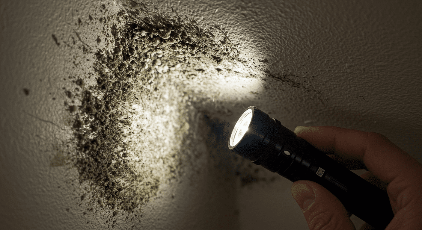 A close-up of a homeowner inspecting a damp corner of a wall with a flashlight, revealing mold growth. The focus is on the mold's texture and color, highlighting the inspection process.