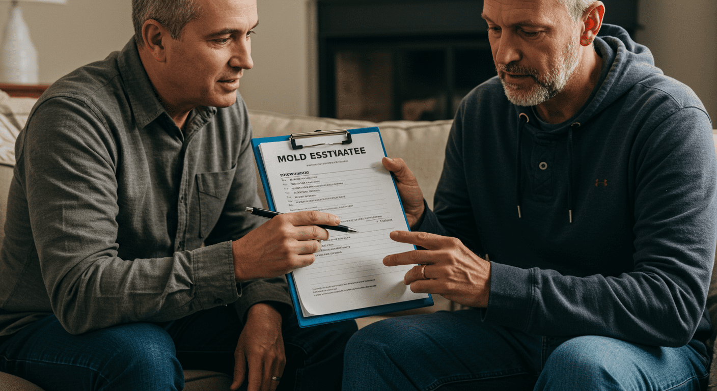 A homeowner discussing with a mold remediation expert, reviewing a clipboard with a mold estimate. The setting is a cozy home environment, showcasing a friendly and informative interaction.