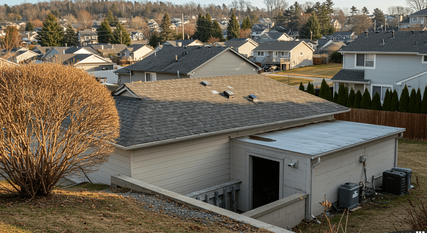 A picturesque view of a Kearny neighborhood with homes in the background and a focus on a house with a well-maintained crawl space access. The image captures the essence of the local community.