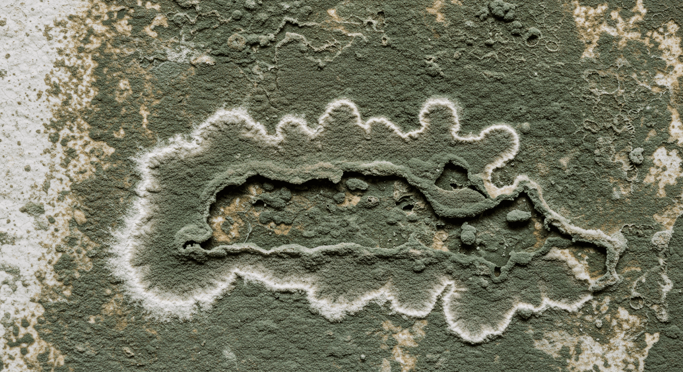 A close-up view of mold growth on a damp wall in a home setting, showcasing the texture and color variations of the mold.