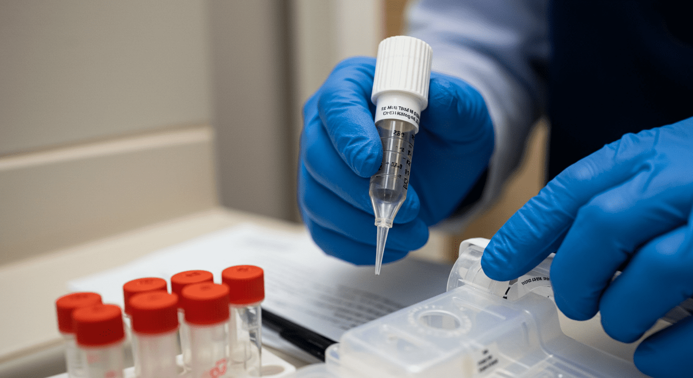 A close-up of a mold testing kit being used by a technician, with samples being collected from various surfaces in a home.