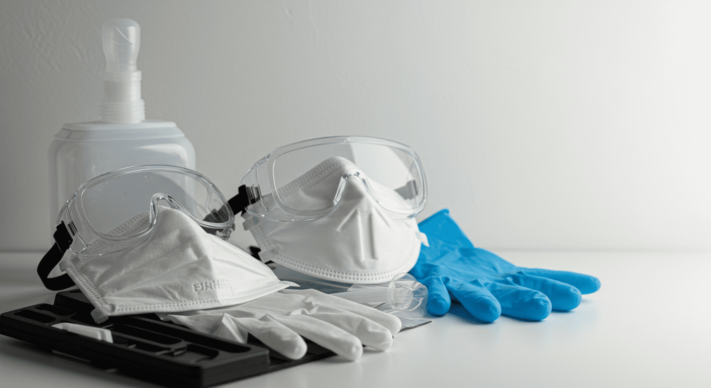 A neatly arranged display of essential safety gear for mold cleanup, including masks, gloves, and goggles, set against a clean, bright background.