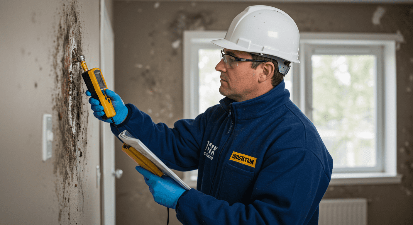 A professional mold inspector examining a wall with a moisture meter, highlighting the process of identifying mold growth.