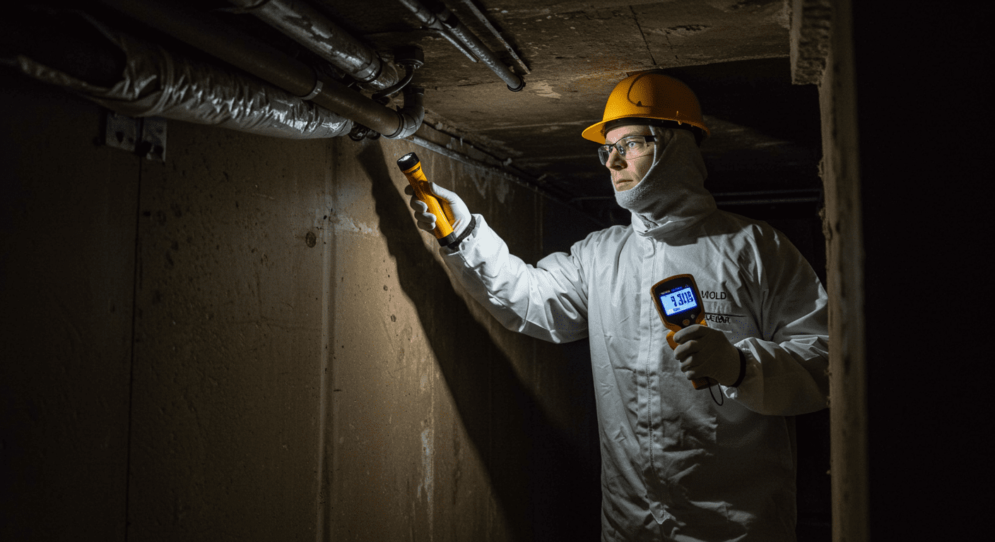 An image showing a mold inspector using a moisture meter and flashlight to examine a dark corner of a basement, emphasizing the inspection process.