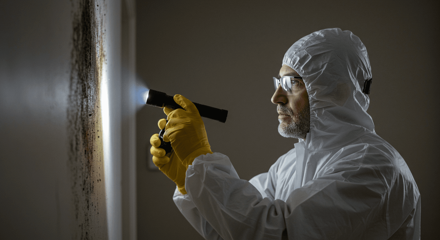 A professional mold inspector examining a wall with a flashlight, showcasing the process of identifying mold in a residential setting. The inspector is wearing protective gear, emphasizing safety.