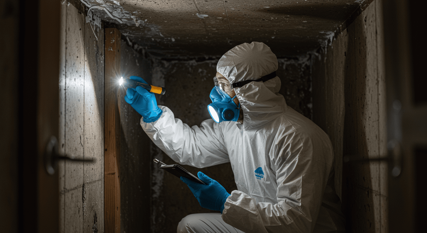 A professional mold inspector examining a damp area in a home, using a flashlight and a moisture meter. The inspector is wearing protective gear, emphasizing safety and professionalism.