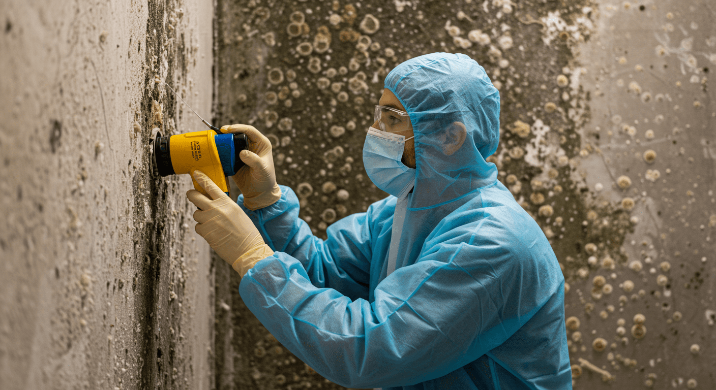 A professional mold inspector examining a wall with visible mold patches using specialized equipment. The inspector is wearing protective gear, emphasizing safety.