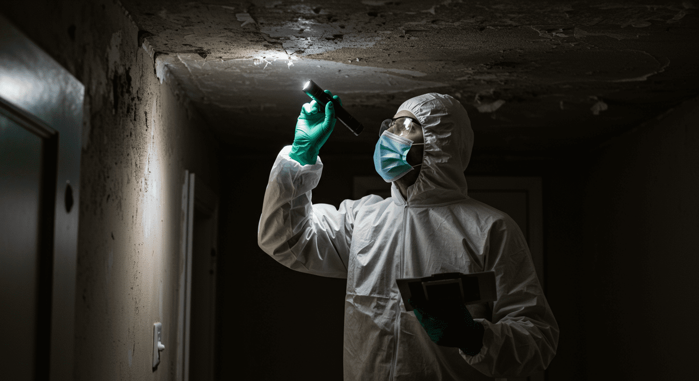 A professional mold remediation technician in protective gear inspecting a home for mold growth. The technician is using a flashlight to examine dark corners and ceilings, showcasing the thoroughness of the inspection process.