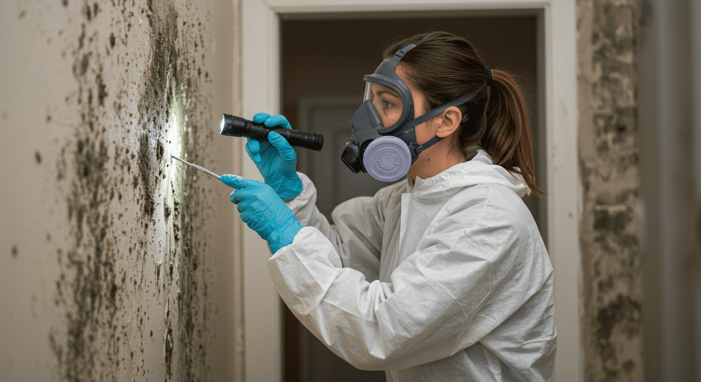 A professional mold remediation technician in protective gear inspecting a home for mold growth, with visible mold patches on the walls.