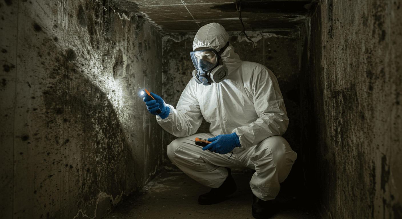 A professional mold inspector in protective gear examining a damp corner of a basement, with visible mold growth on the walls.
