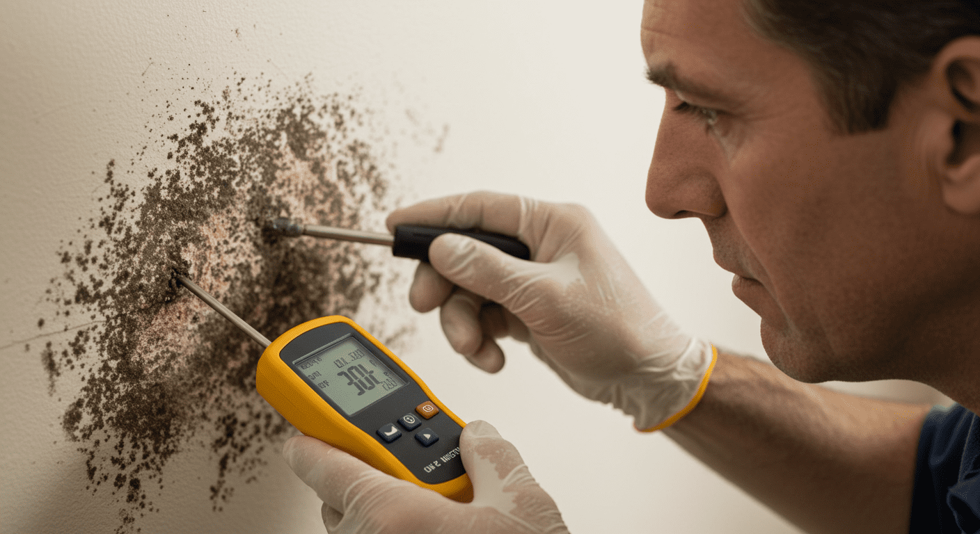 A close-up of a professional mold inspector examining a wall with a moisture meter, showcasing visible mold patches.
