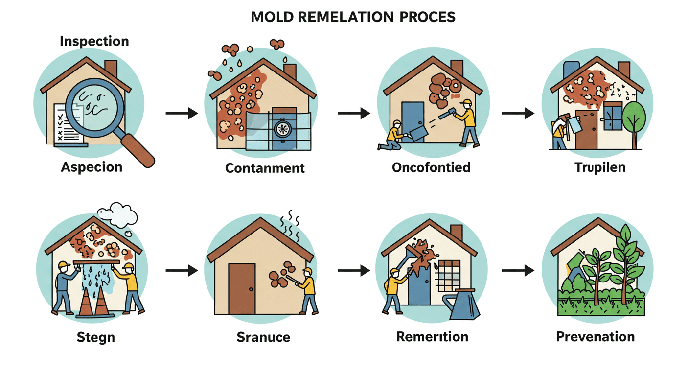 An infographic-style image showing the steps of the mold remediation process, including inspection, containment, removal, and prevention.