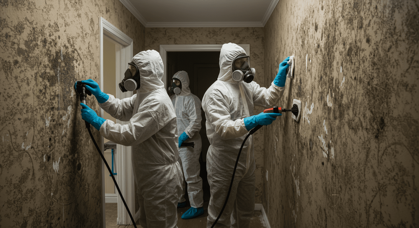 A professional mold remediation team in action, wearing protective gear, actively cleaning a wall affected by mold in a residential setting.