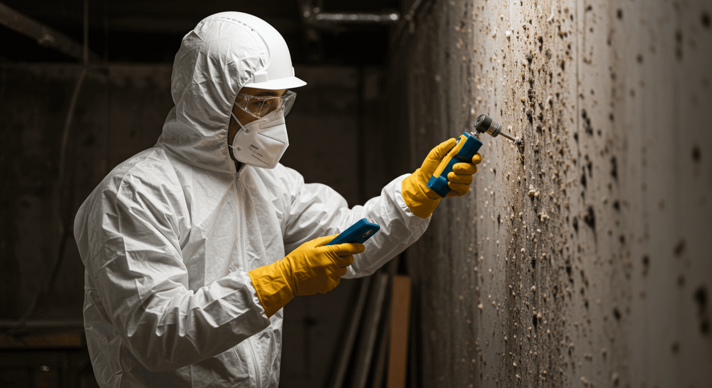 A professional mold inspector in protective gear examining a damp wall with a moisture meter. The setting is a residential basement with visible mold patches on the wall.