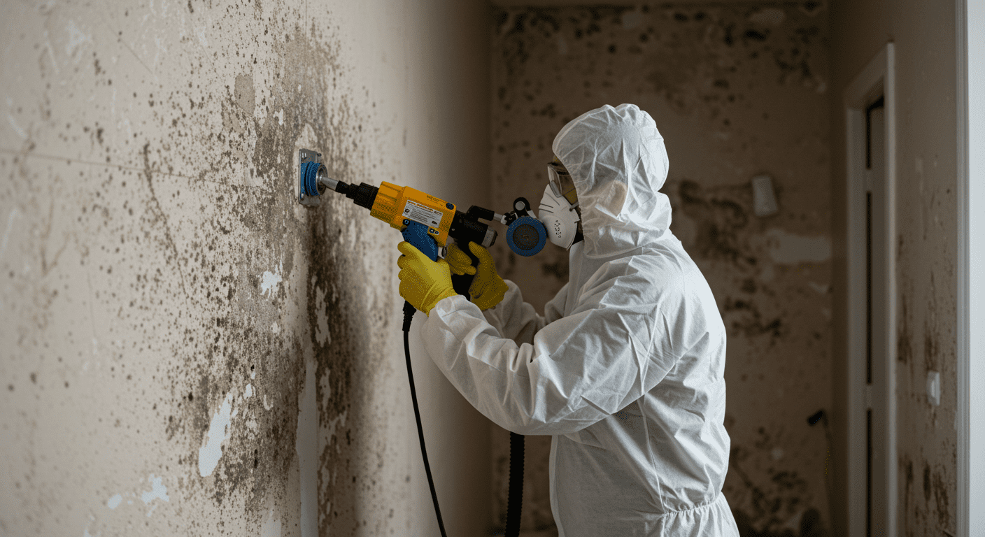 A professional technician in protective gear is actively removing mold from a wall in a home. The focus is on the technician using specialized equipment, with visible mold patches on the wall.