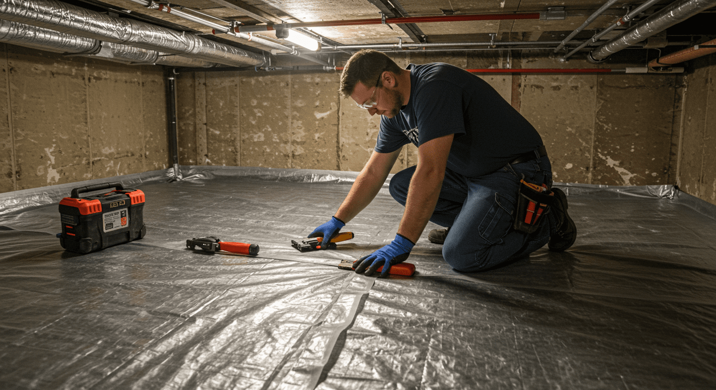 A professional technician installing a vapor barrier in a crawl space, showcasing the encapsulation process.