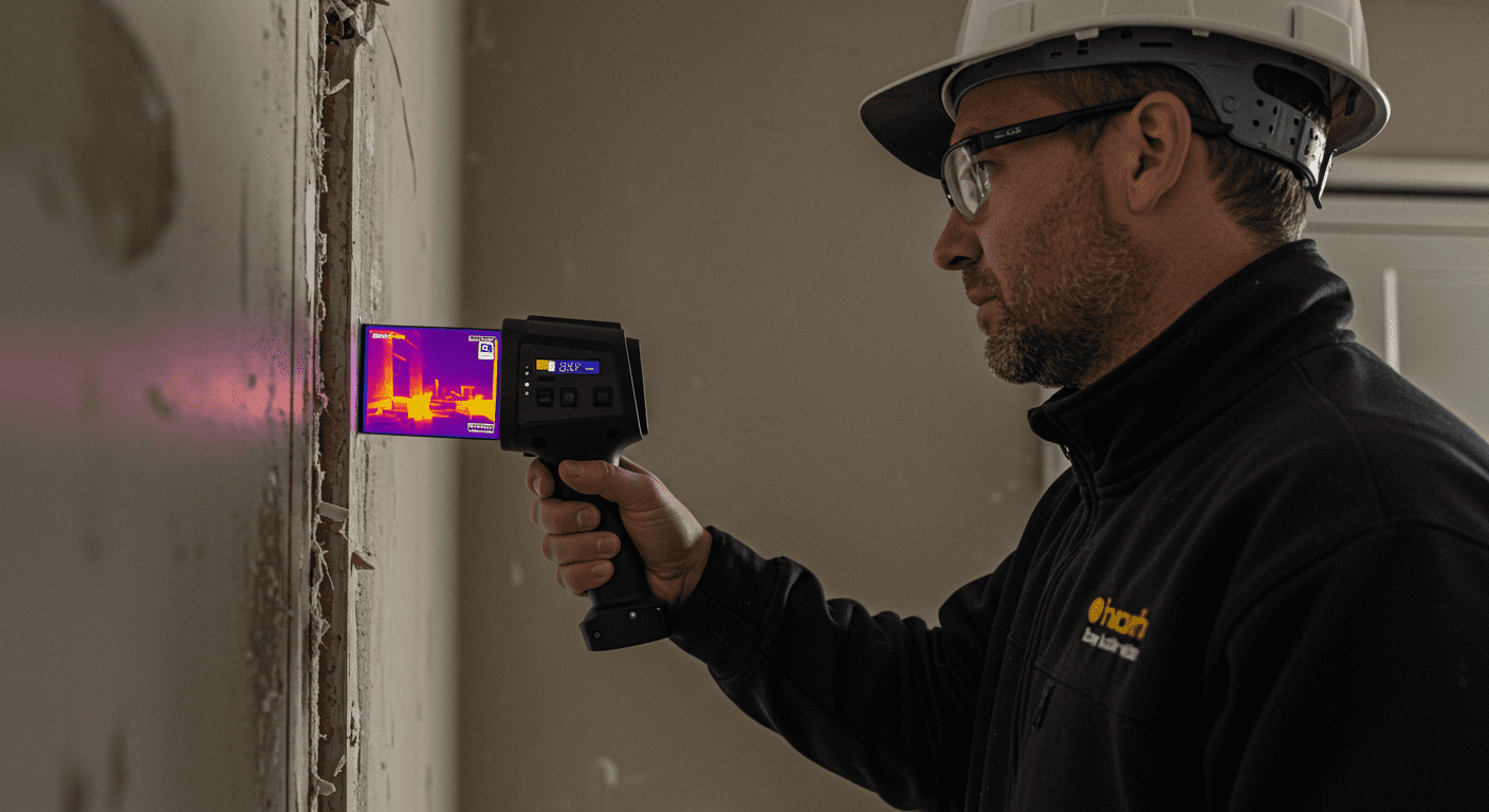 A technician using a thermal imaging camera to assess hidden water damage in a wall. The image captures the technician’s focused expression and the technology in action.