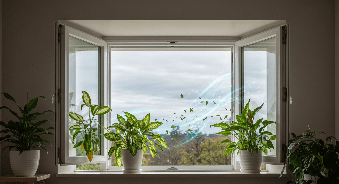 An open window with fresh air flowing in, surrounded by houseplants that naturally purify the air. This concept highlights the importance of ventilation in maintaining air quality and preventing mold.