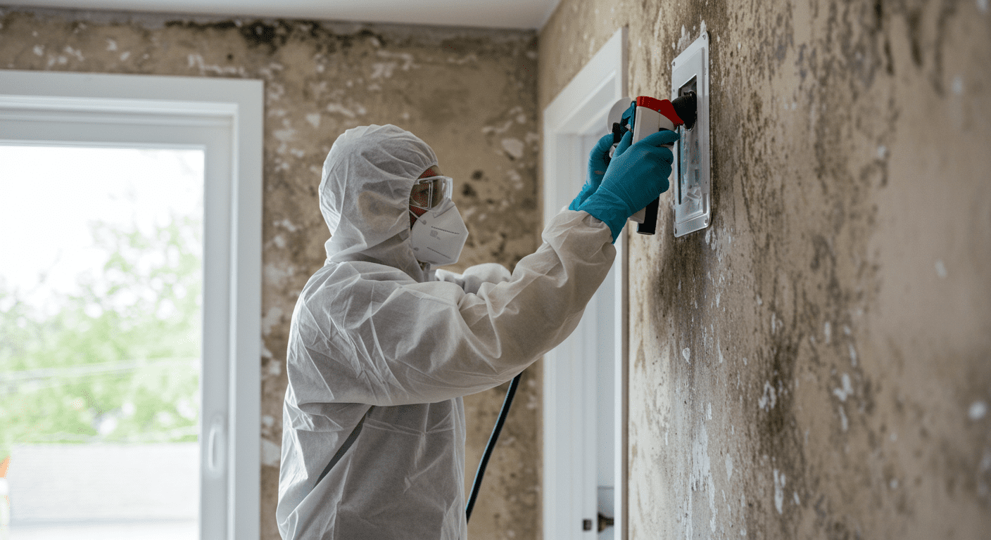 A professional mold remediation technician in protective gear actively removing mold from a wall in a residential setting.