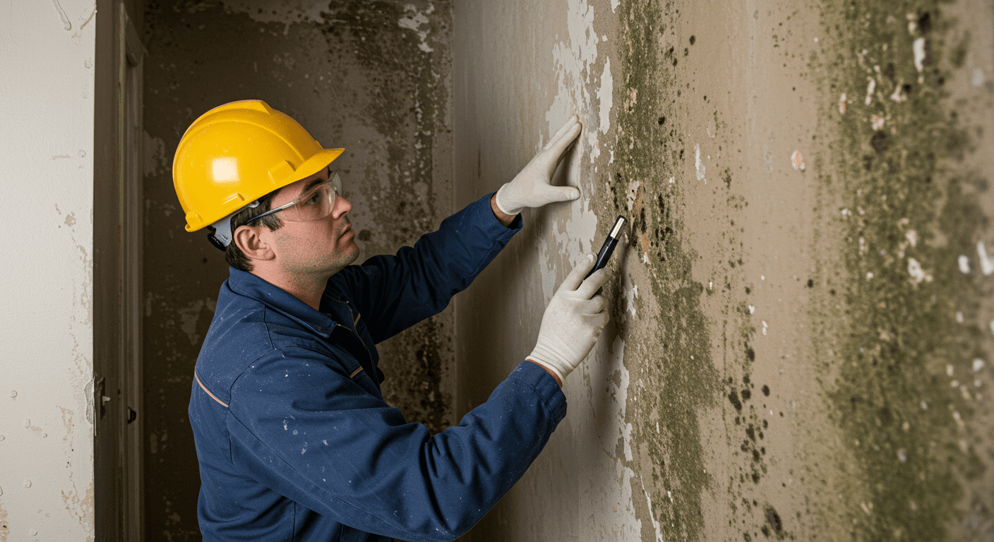 A contractor inspecting a wall for mold growth after a flood, with visible signs of water damage.