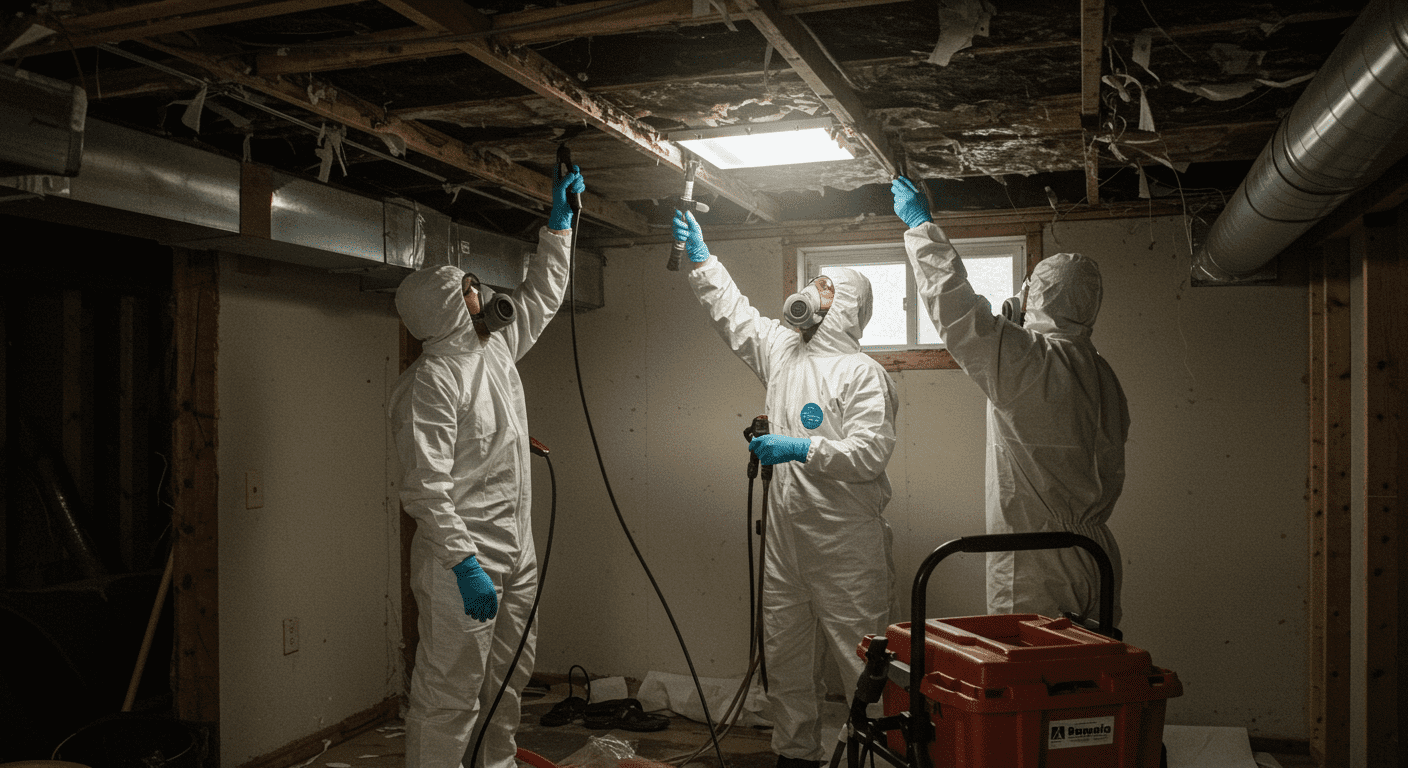 A team of mold remediation specialists in action, using specialized equipment to remove mold from a ceiling.