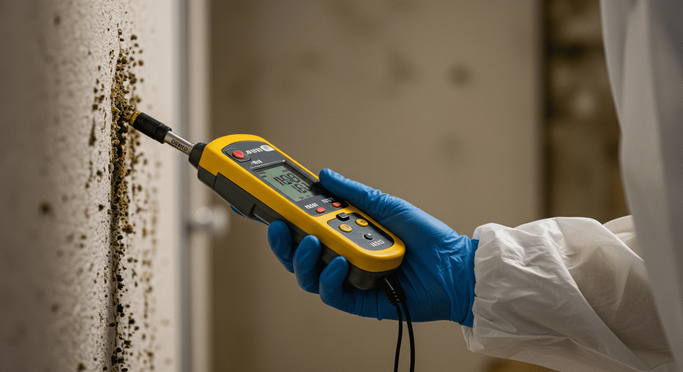 A close-up of a professional inspector examining a wall for mould using a moisture meter, with visible mould patches in the background.