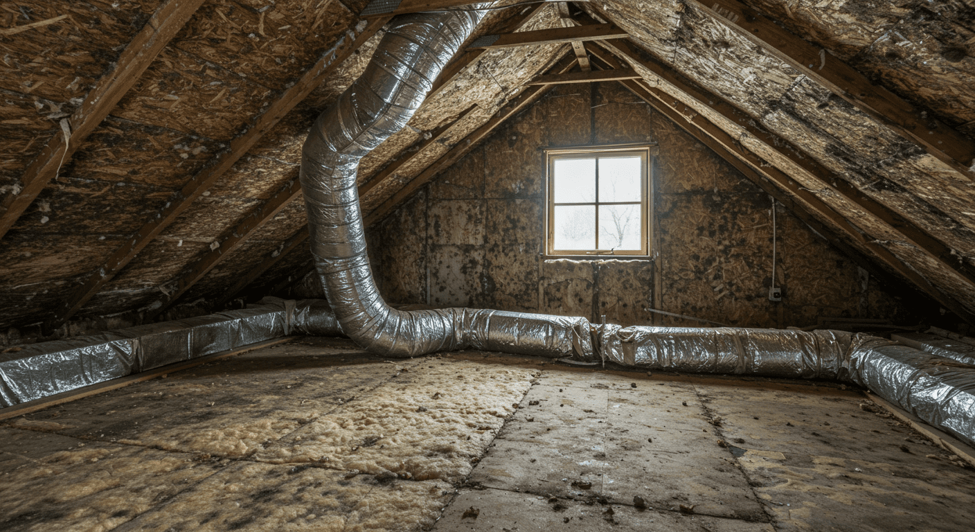 An attic scene showcasing poor ventilation, with visible mold spots on the walls and insulation.