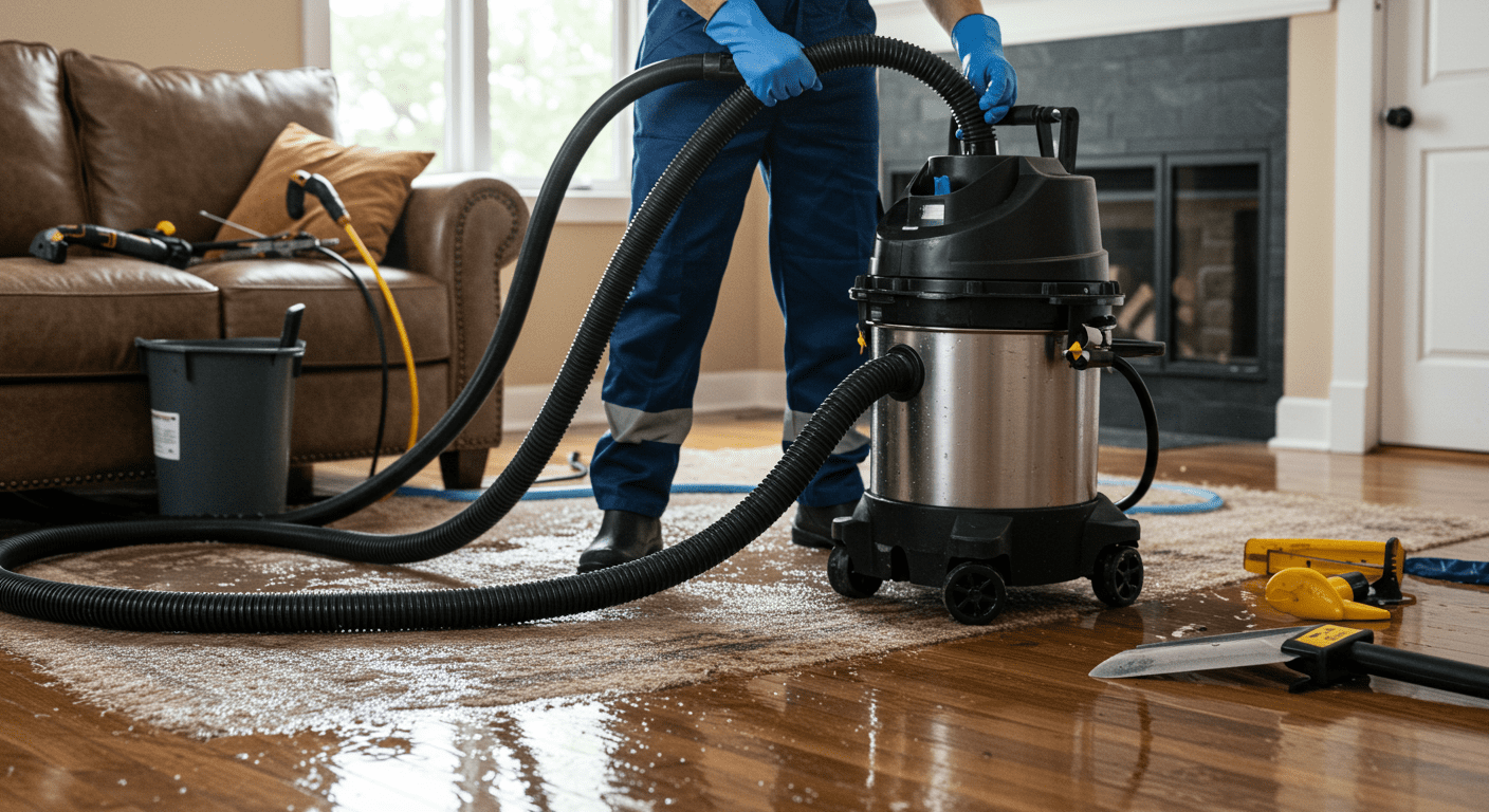 A professional restoration technician using a powerful water extraction machine in a flooded living room. Water is visibly being sucked up from the carpet, with tools and equipment scattered around.