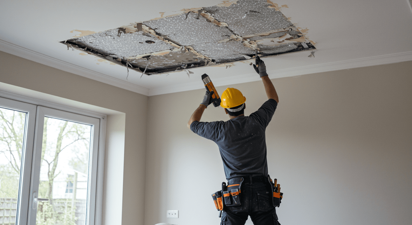 A professional contractor carefully removing a bubble ceiling in a well-lit living room. The image captures the contractor in action, using tools and safety gear, with a focus on the removal process.